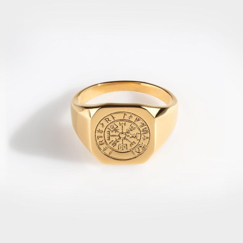 Vegvisir Signatur – Guldtonet Ring til Mænd – Elegant Design